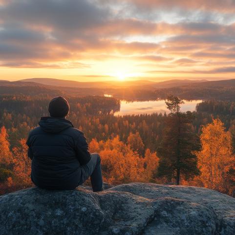 Ihminen katselee auringonnousua korkealla kalliolla. Ruskapuita ja järvi.